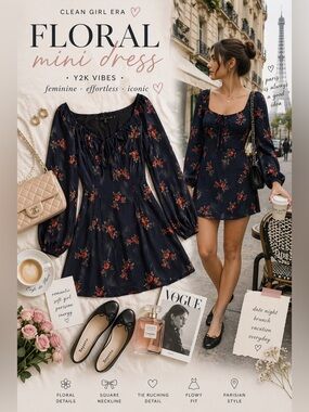 Emory Park Navy Floral Square Neck Mini Dress | Long Sleeve Ruched Tie Front NWT